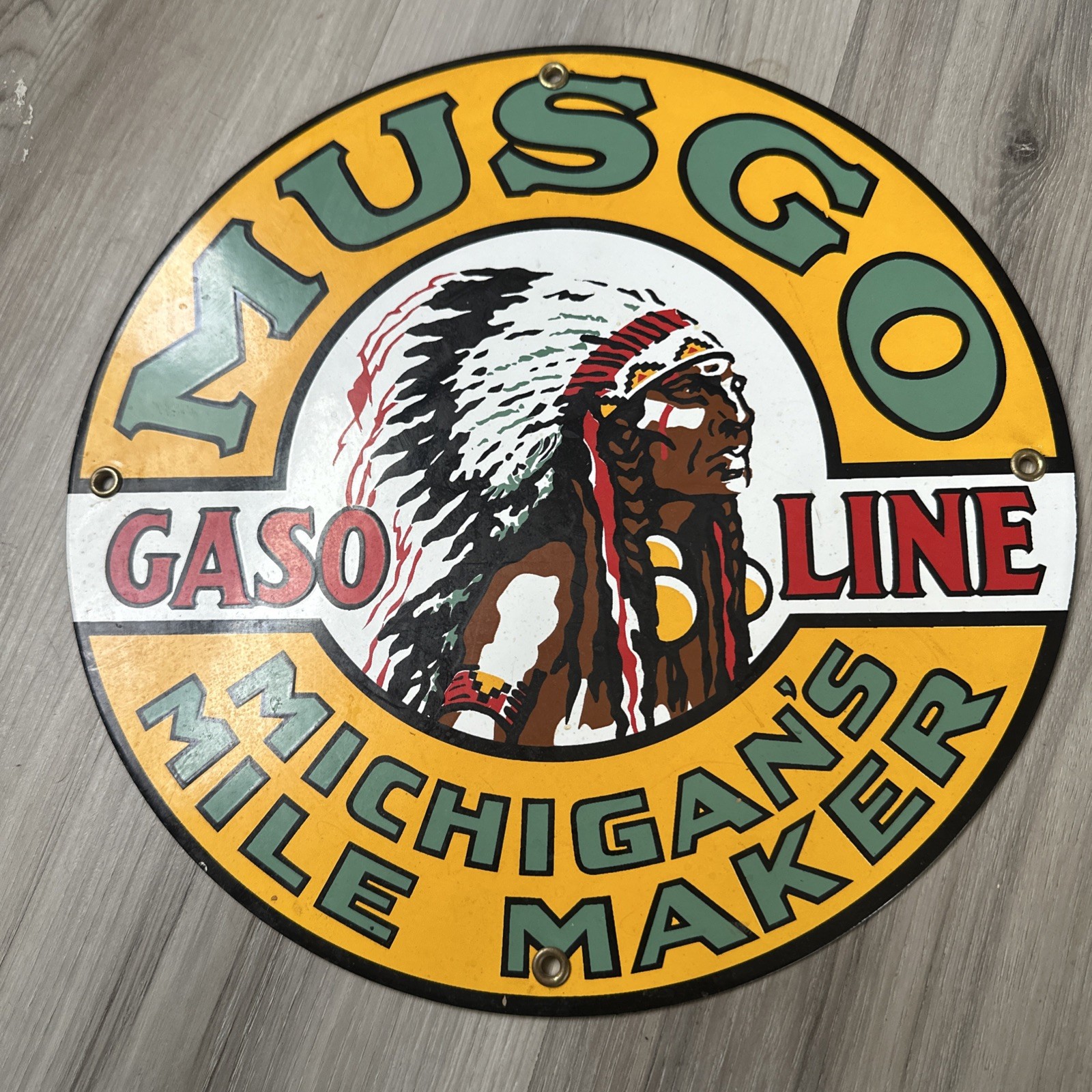 VINTAGE MUSGO Michigans Mile Maker INDIAN 12” Heavy METAL GAS OIL AD SIGN!