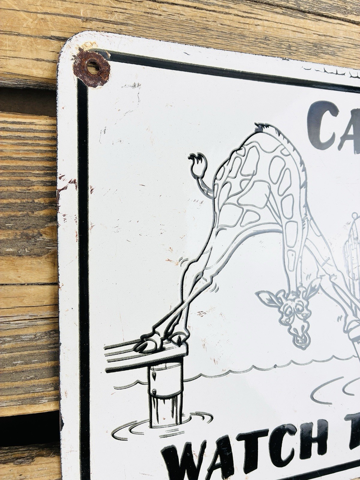 VINTAGE 12×9″ CAUTION! WATCH THE GAP OIL PORCELAIN PUMP STATION GASOLINE SIGN