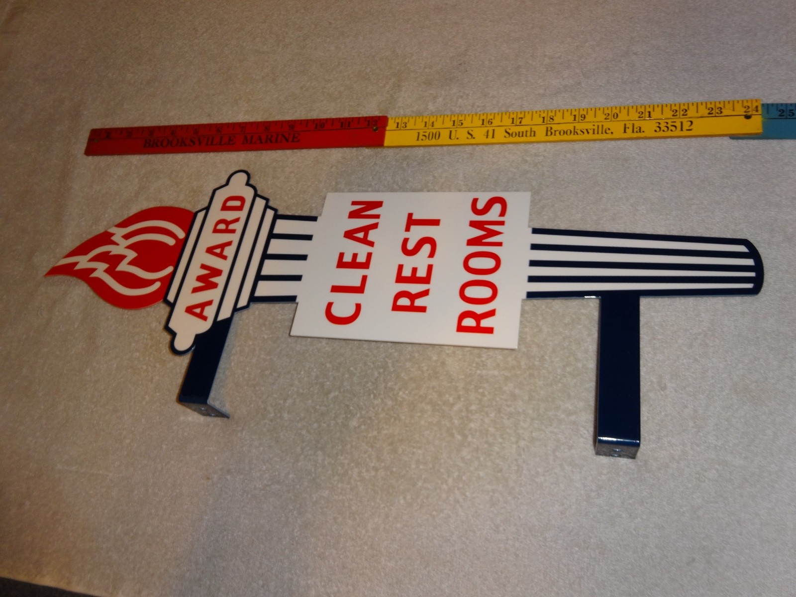 VINTAGE STANDARD GASOLINE TORCH CLEAN RESTROOM HUGE 2′ METAL AWARD BATHROOM SIGN