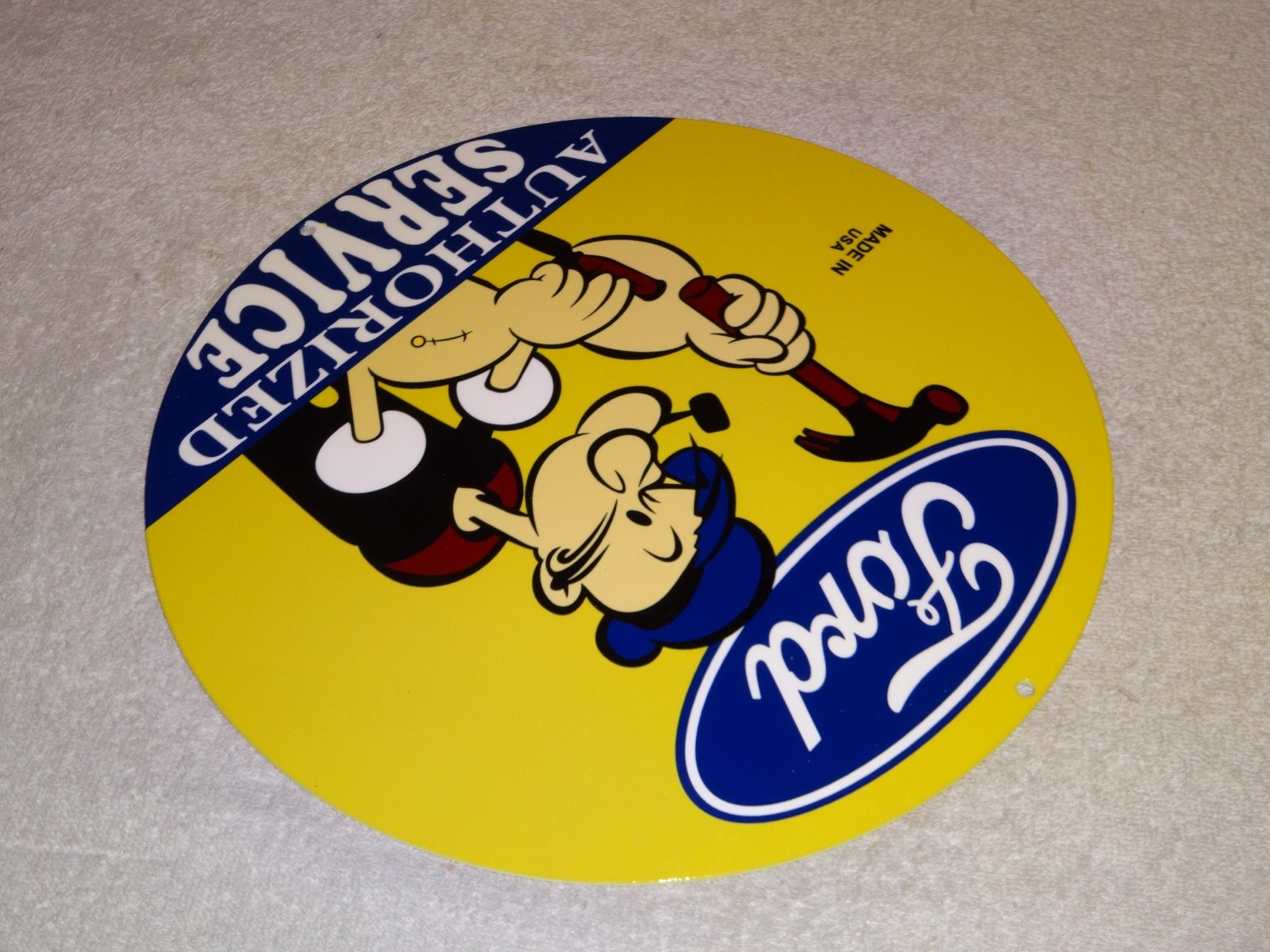 VINTAGE FORD SERVICE W/ POPEYE THE SAILOR MAN 12″ ENAMEL METAL GASOLINE OIL SIGN