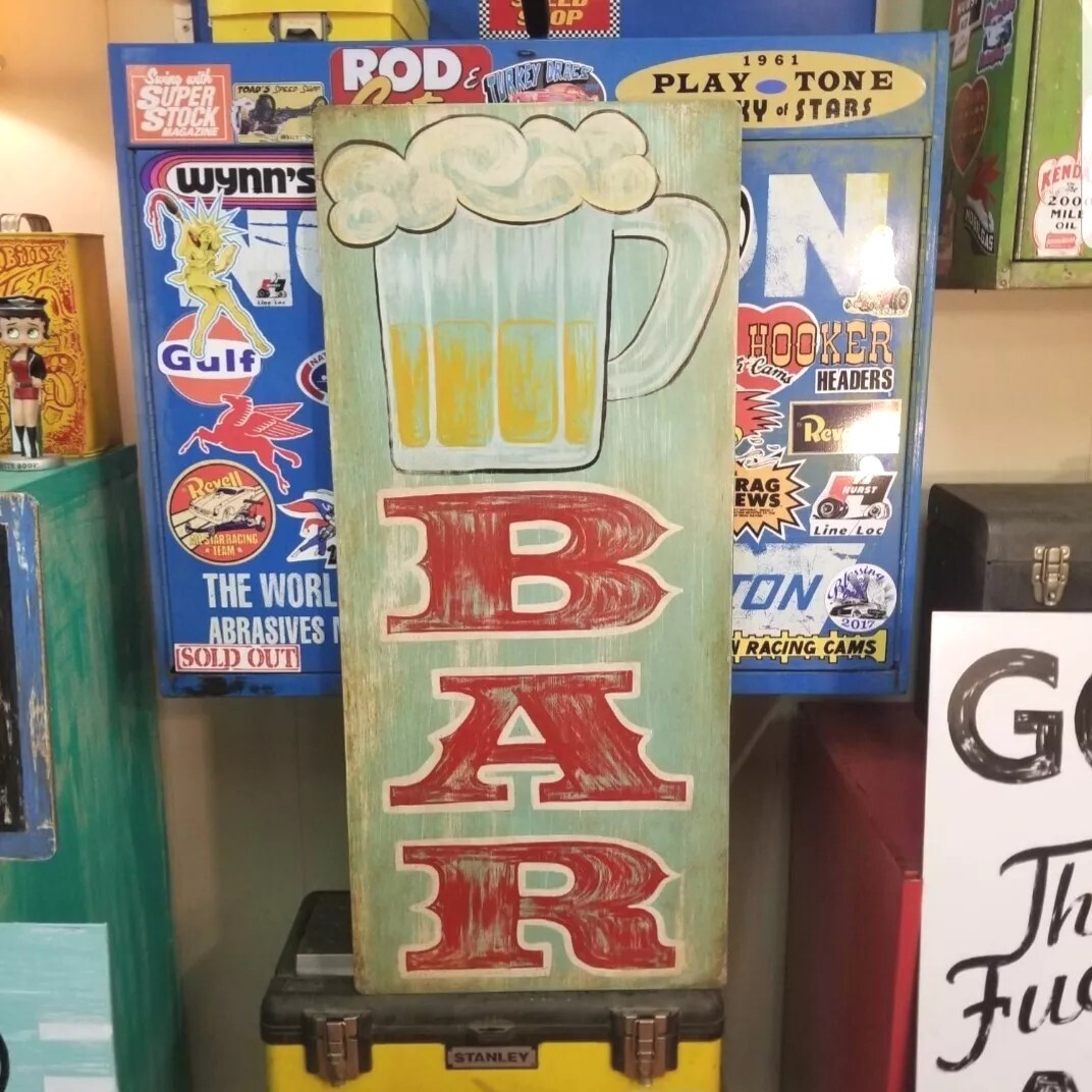 Vintage look Old Style Hand Painted Bar Sign hot rod garage art Weathered Patina