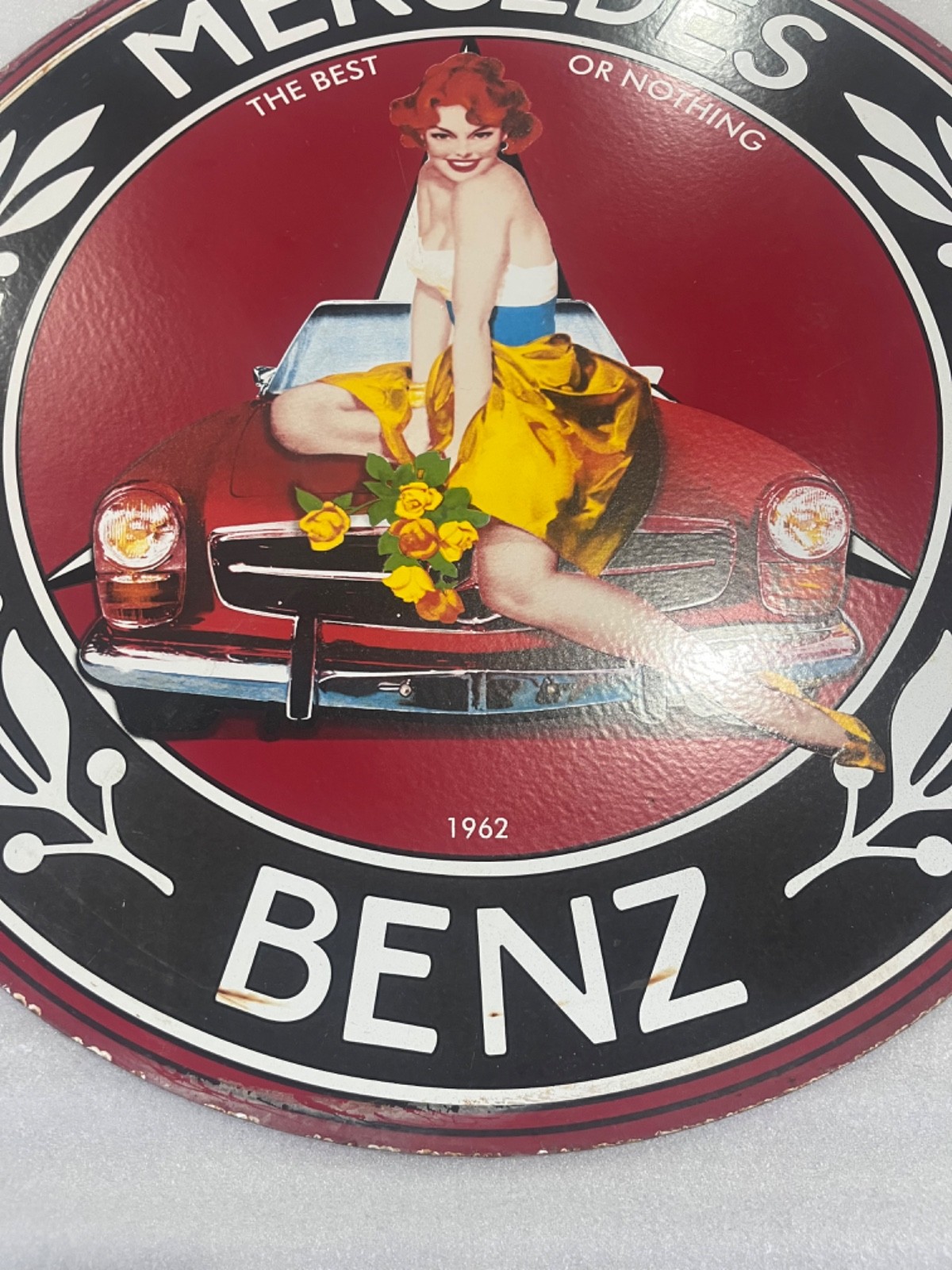 MERCEDES BENZ CARS SALES & SERVICE GAS & OIL PORCELAIN ENAMEL SIGN 30″ DSP.