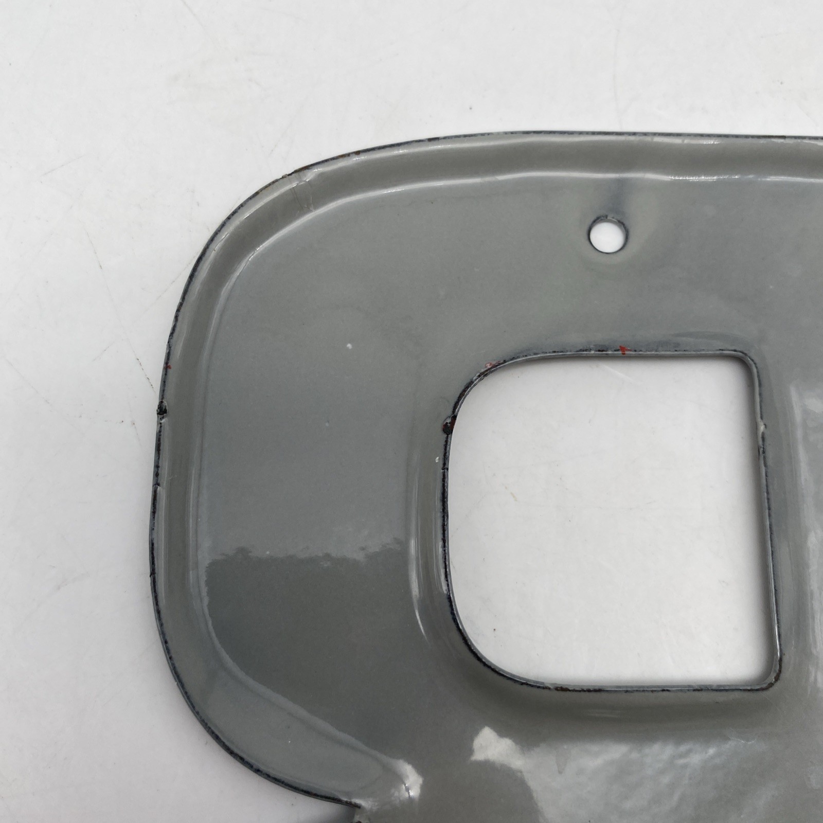 Vintage gray Porcelain Letter “R” Metal enamel 5.75” 5 3/4” grey