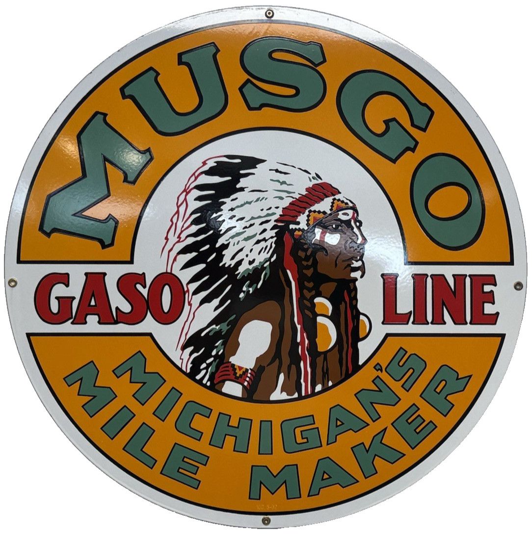 VINTAGE 30″ MUSGO GASOLINE PORCELAIN SIGN GAS STATION PUMP MOTOR OIL SERVICE