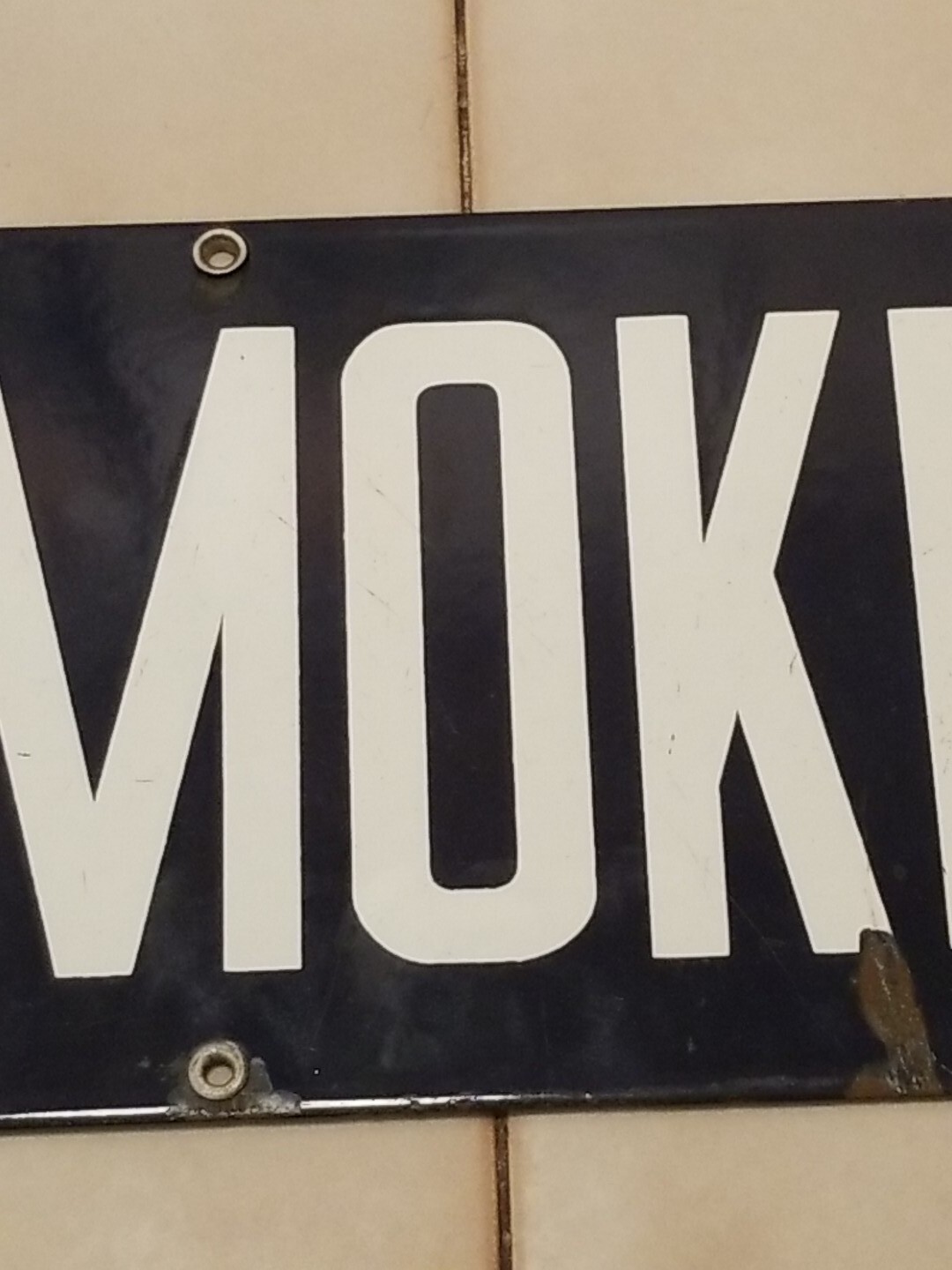 Vintage Porcelain Navy Blue & White NO SMOKING Sign 20″ x 7″ Very Good Condition