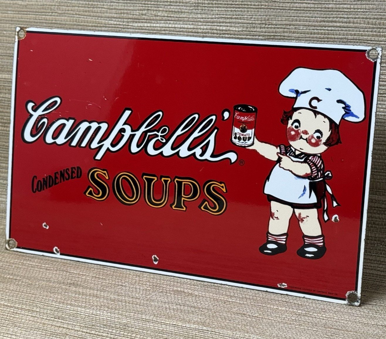 VINTAGE CAMPBELL’S SOUP PORCELAIN SIGN CRACKER GAS STATION GROCERY STORE OIL