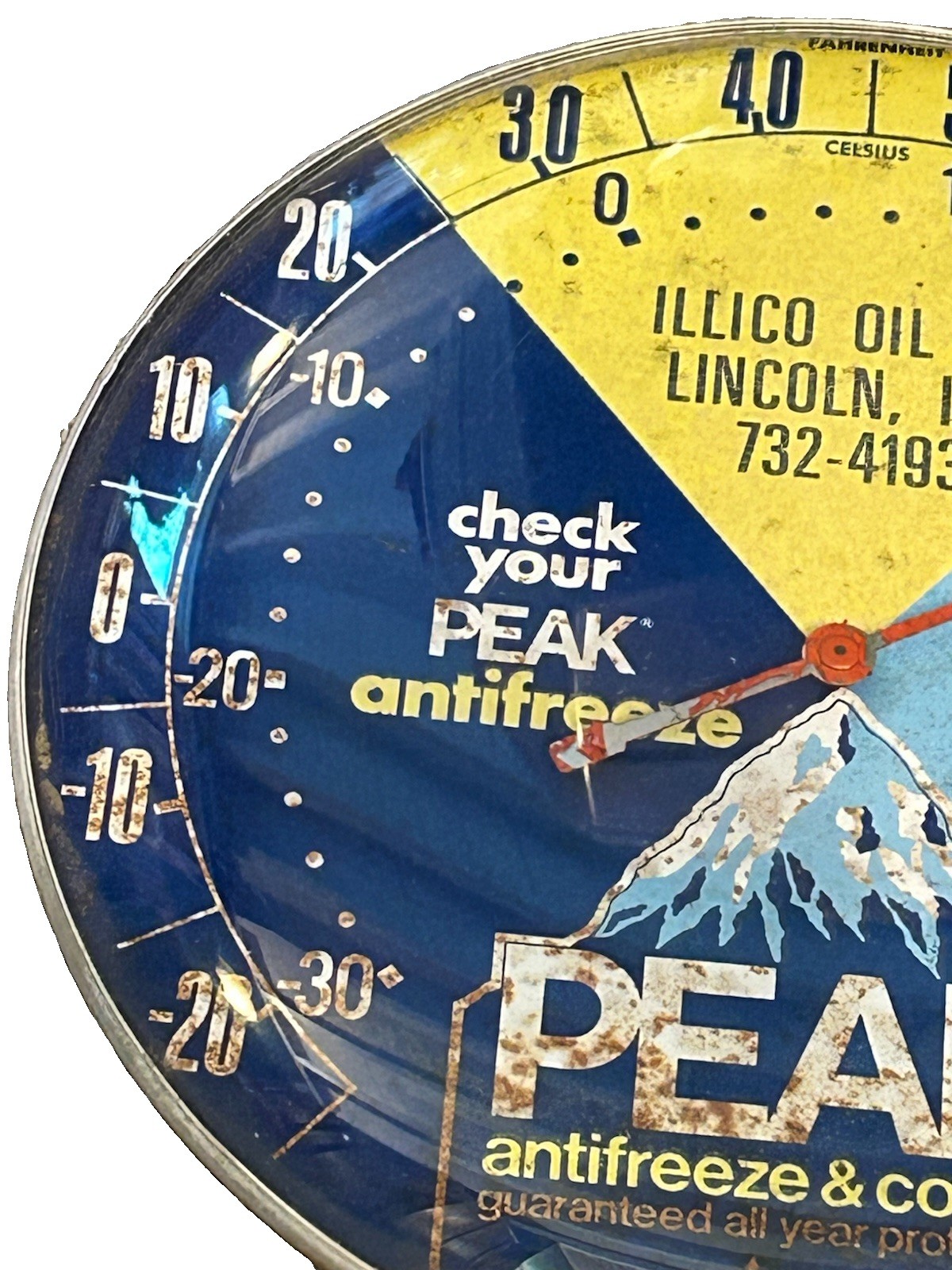 VINTAGE 1960’s-1970’s PEAK ANTIFREEZE AND COOLANT THERMOMETER 10” DIAMETER