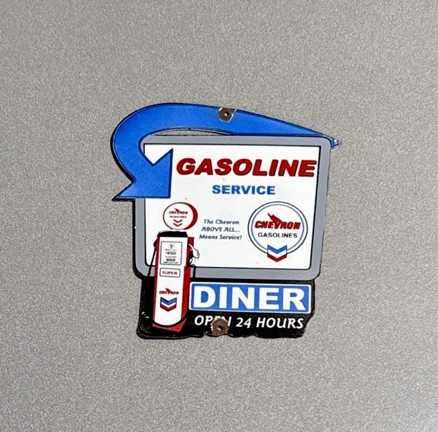 VINTAGE CHEVRON GASOLINE PORCELAIN SIGN CAR GAS TRUCK OIL MOTORCYCLE