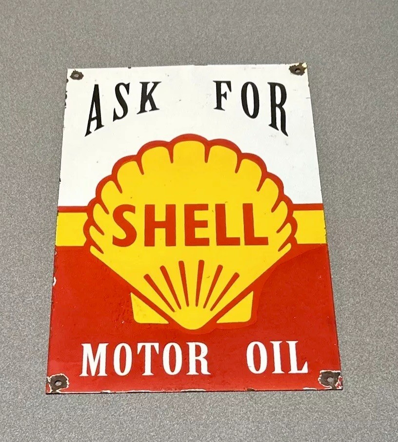 VINTAGE 17” SHELL MOTOR OIL PORCELAIN SIGN CAR GAS TRUCK GASOLINE AUTO OIL