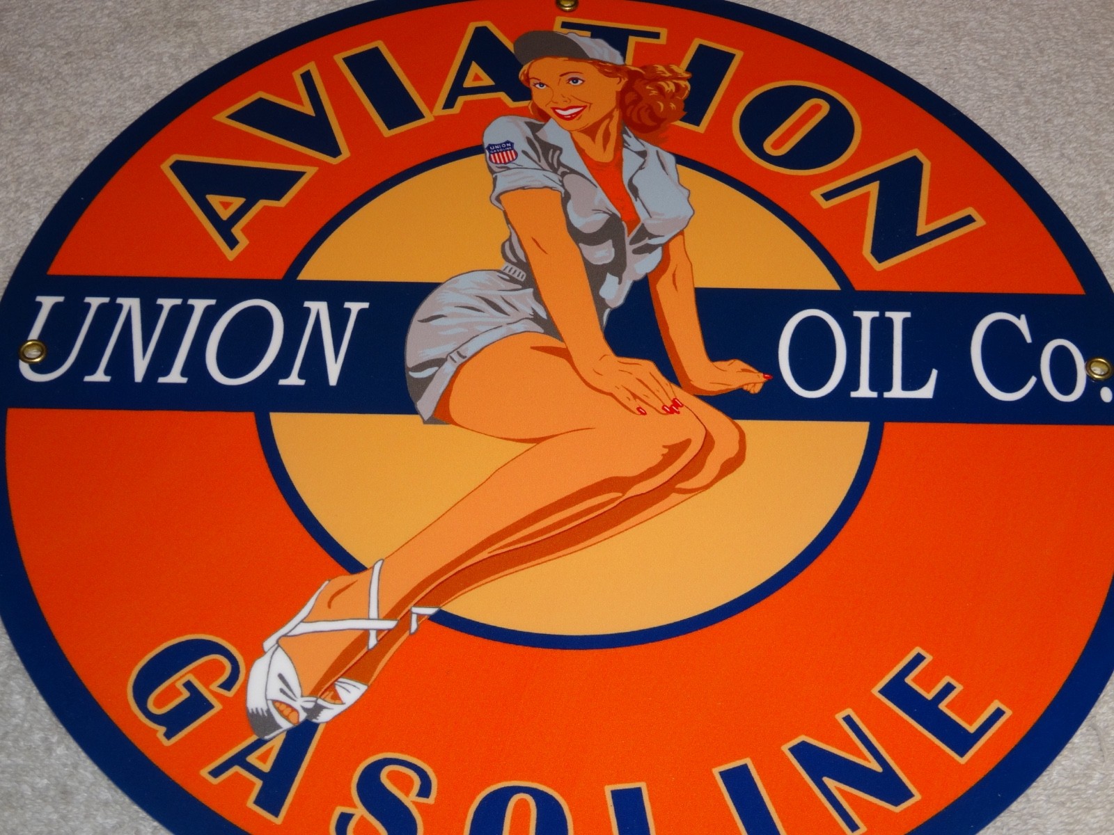 VINTAGE UNION AVIATION GASOLINE STATION +WOMAN 11 3/4″ PORCELAIN METAL OIL SIGN