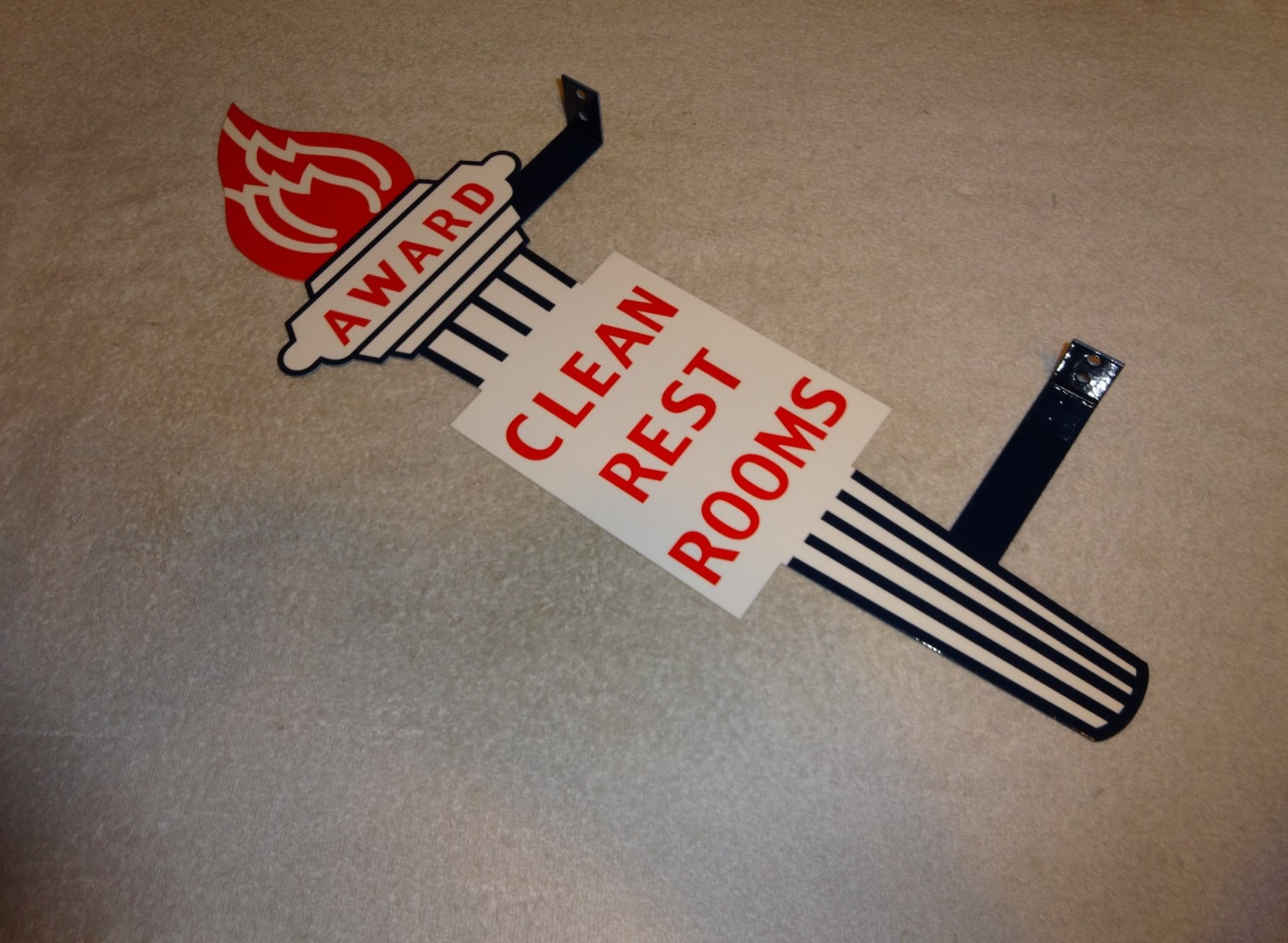 VINTAGE STANDARD GASOLINE TORCH CLEAN RESTROOM HUGE 2′ METAL AWARD BATHROOM SIGN