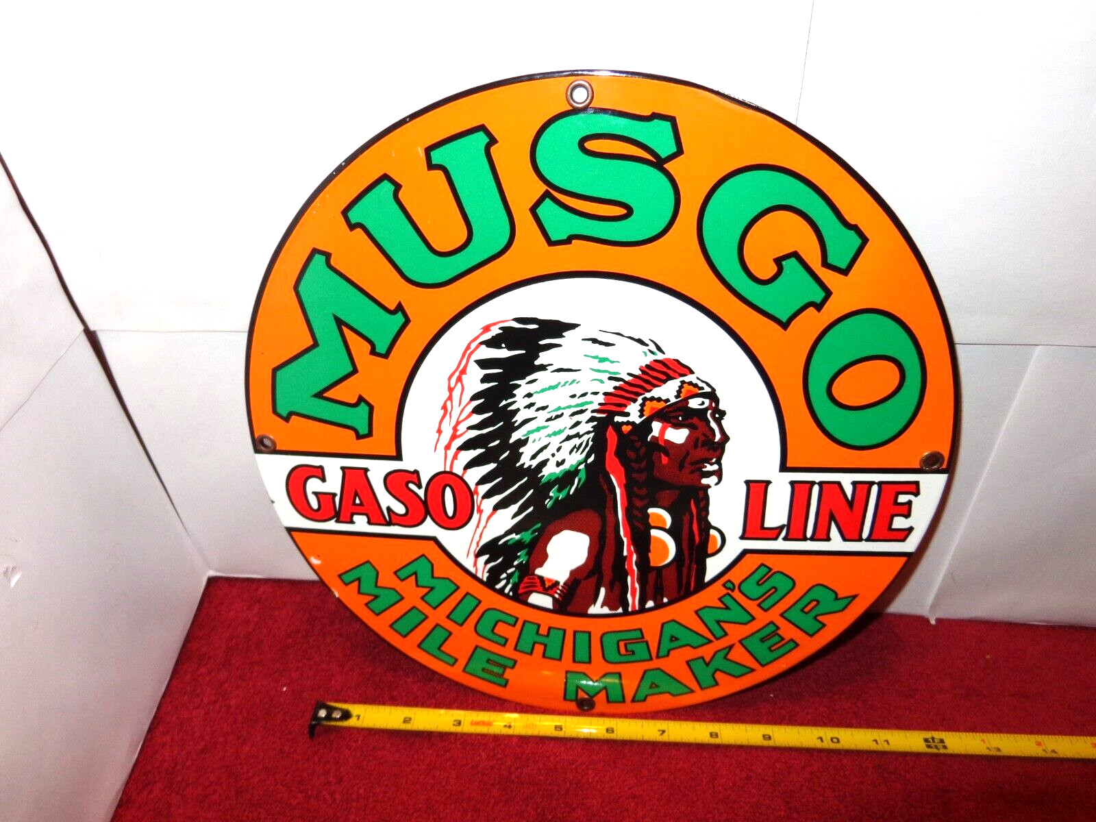 12 in MUSGO GASOLINE ADVERTISING SIGN HEAVY DIE CUT METAL PORCELAIN – 936 G