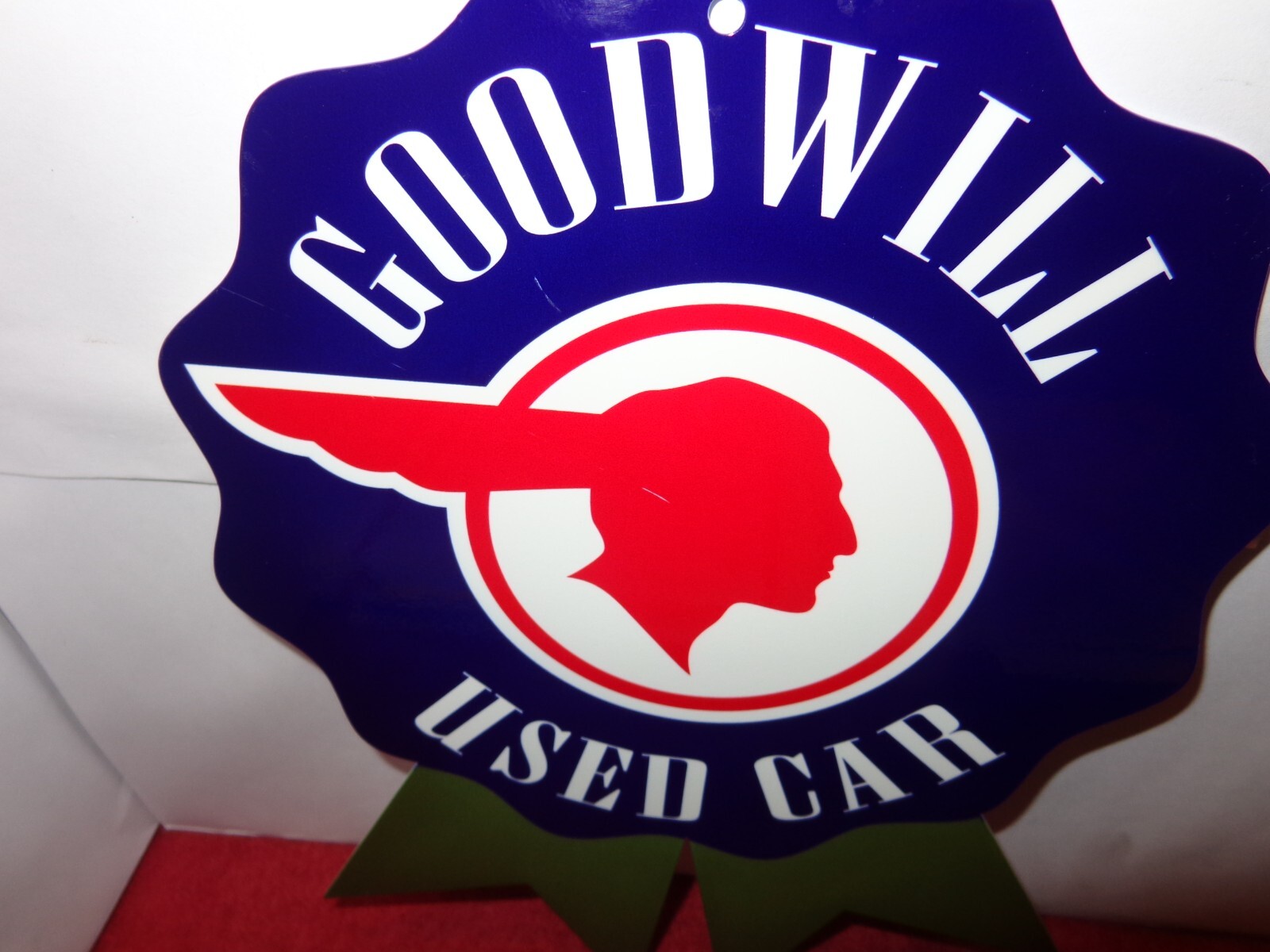 8 3/4 x 12 in GM PONTIAC GOODWILL USED CARS ADV. SIGN HEAVY DIE CUT METAL #S 30