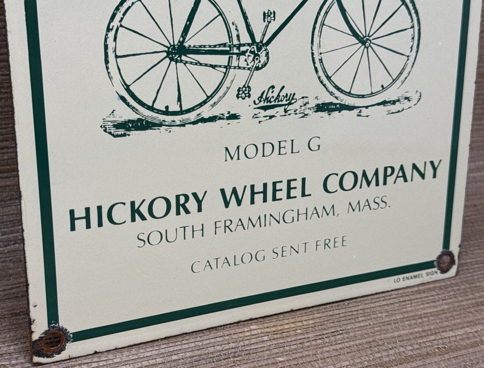 VINTAGE HICKORY BICYCLES PORCELAIN SIGN DEALERSHIP SERVICE WHELL GAS OIL