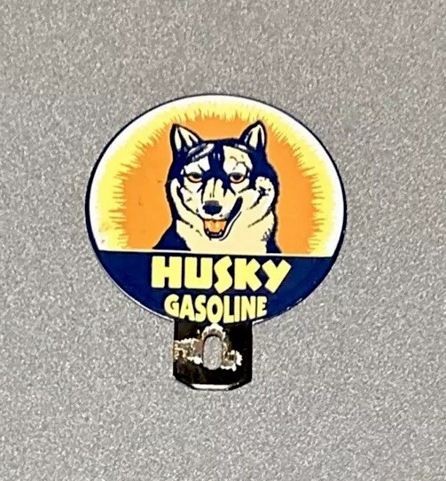 VINTAGE HUSKY GASOLINE DOG PLATE TOPPER PORCELAIN SIGN CAR GAS TRUCK OIL