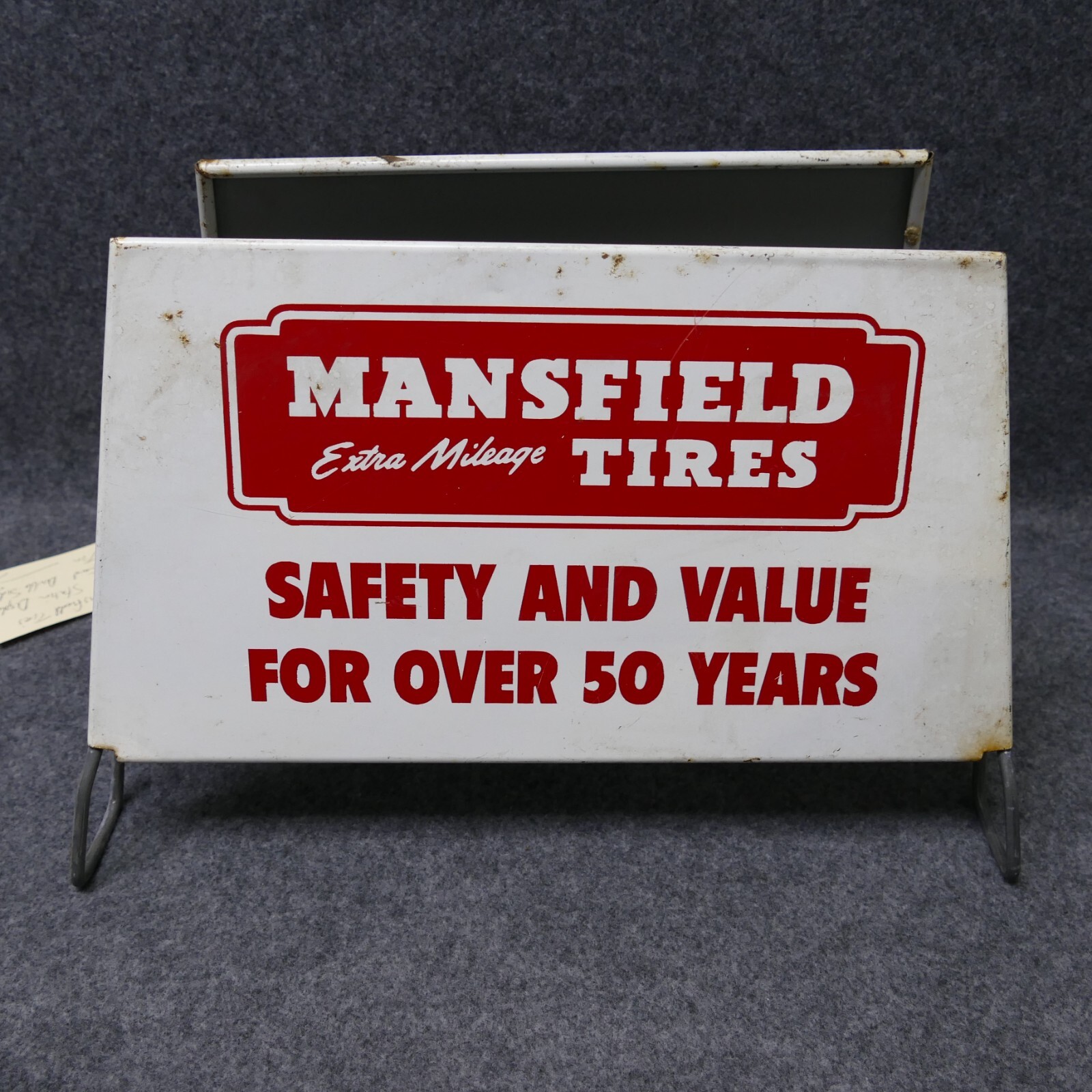 1960s Mansfield Tires Store Gas Station Display Tire Sign Stand Double Sided Tin