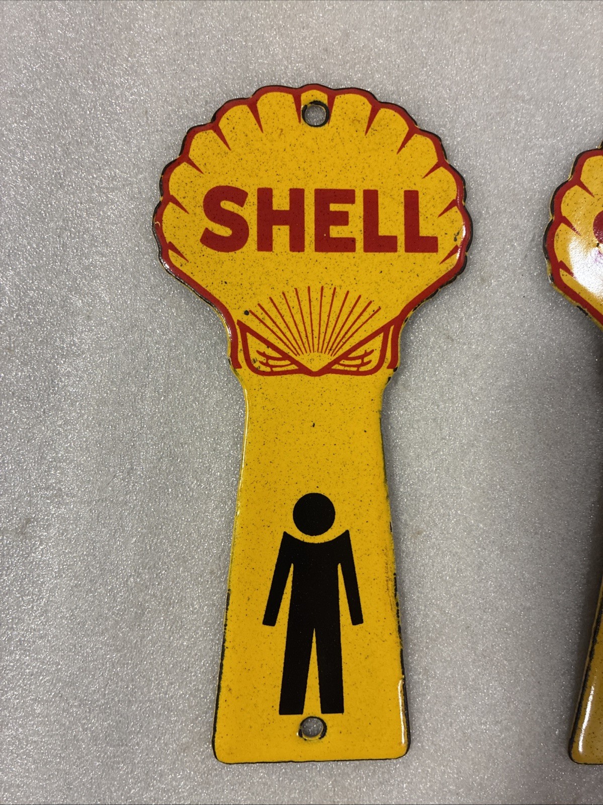Shell Porcelain Advertising Sign 7 1/2 Inches Pair Restroom Bathroom Key Holder