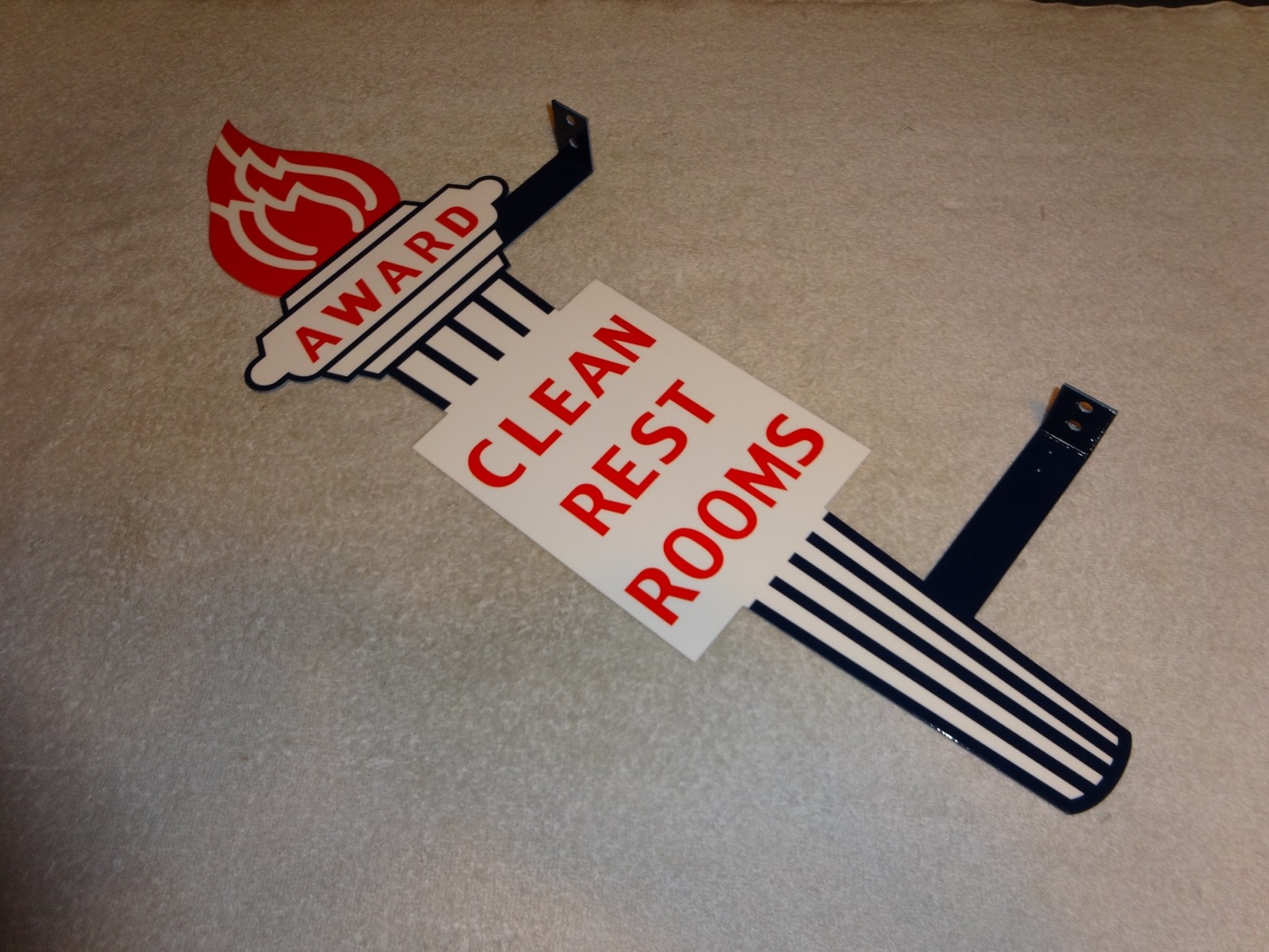VINTAGE STANDARD GASOLINE TORCH CLEAN RESTROOM HUGE 2′ METAL AWARD BATHROOM SIGN