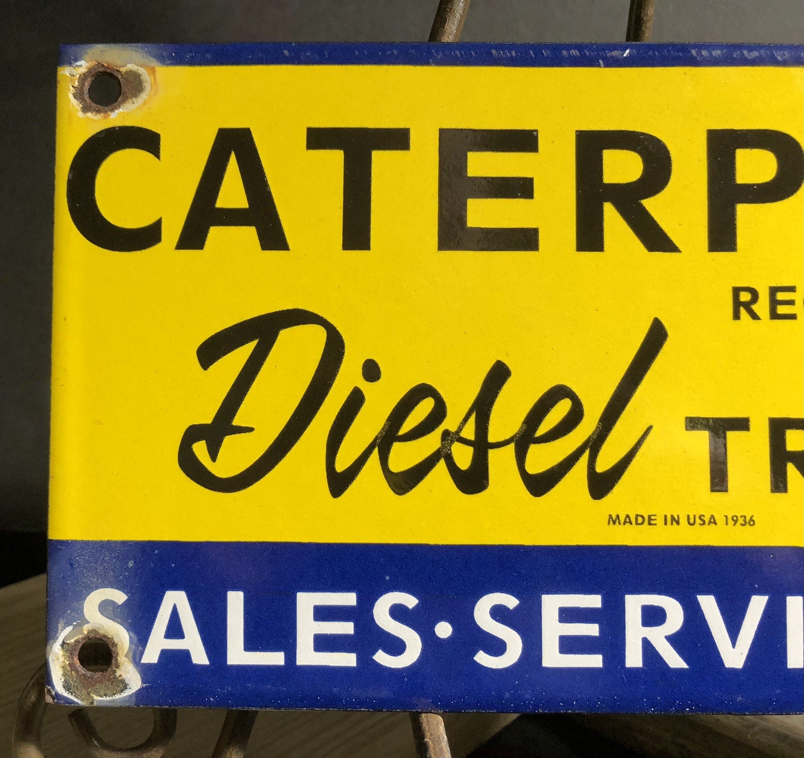 VINTAGE 1936 DATED CATERPILLAR DIESEL TRACTORS 10” PORCELAIN GAS OIL SIGN