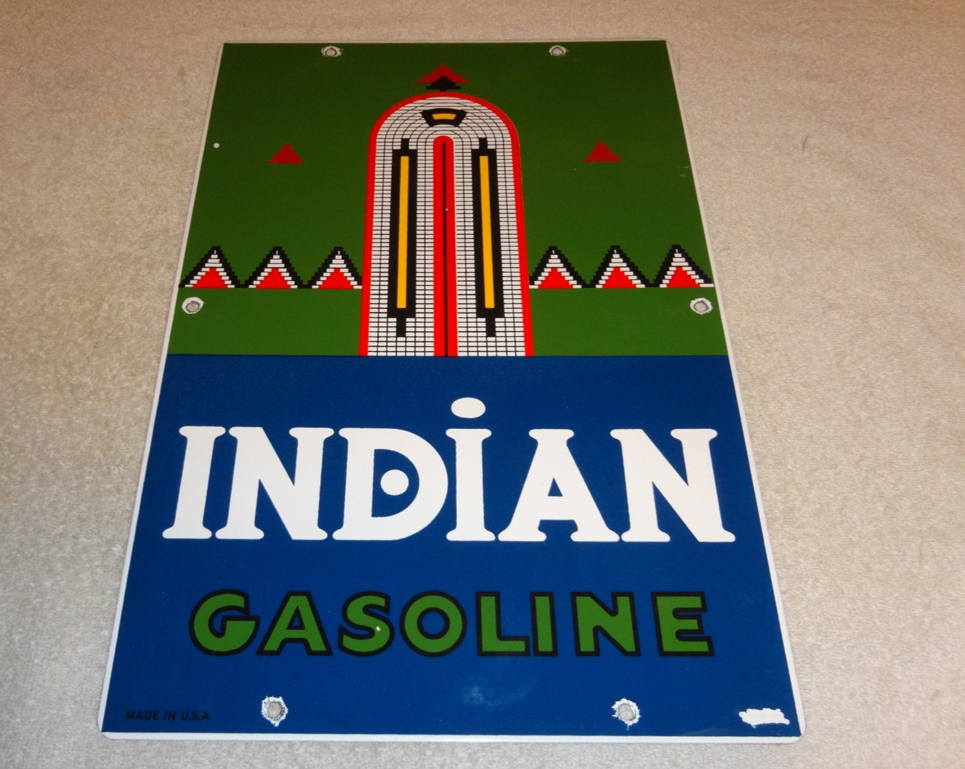 VINTAGE INDIAN GASOLINE 18″ PORCELAIN METAL MOTORCYCLE GAS & OIL PUMP PLATE SIGN