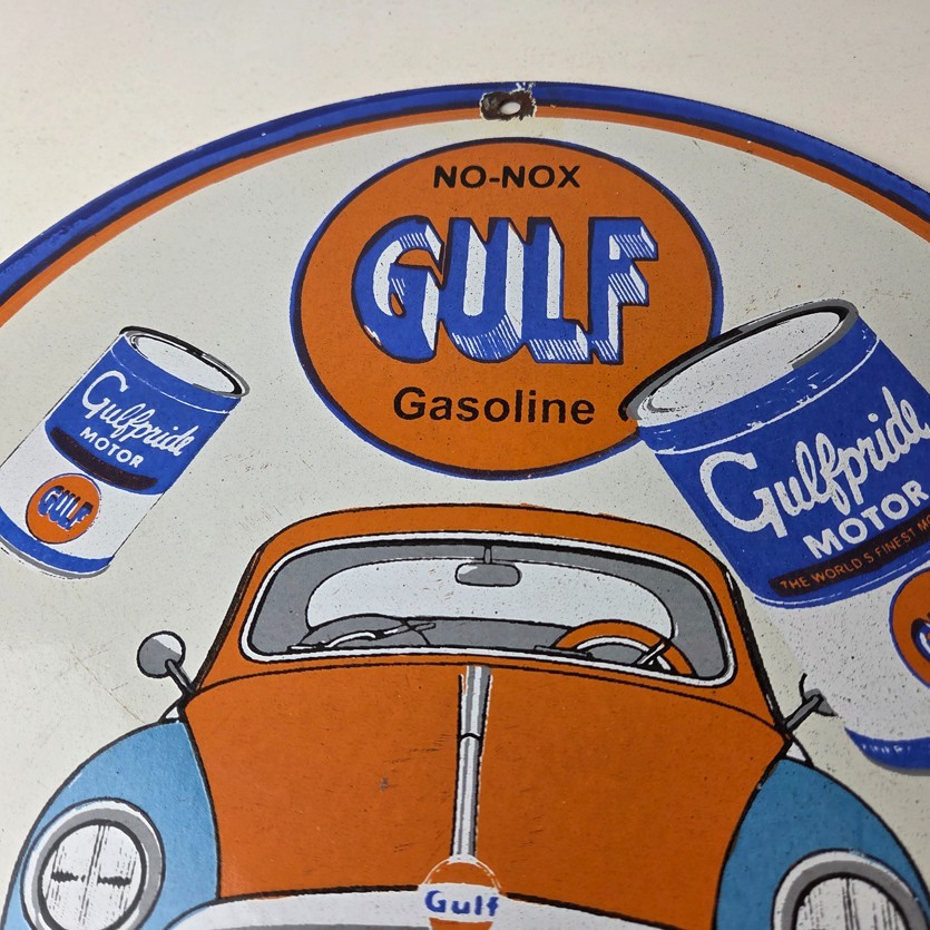 Vintage Volkswagen Bug Gulf Gasoline Sign – Gas Pump Station Porcelain Sign