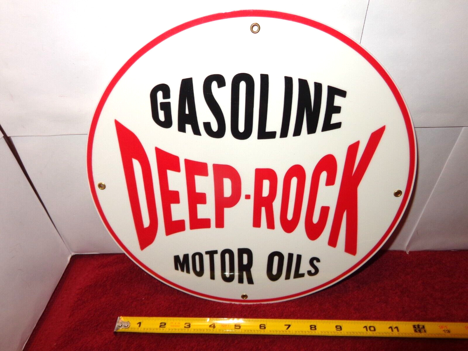 11 1/2 in DEEP-ROCK GASOLINE & MOTOR OIL ADV. SIGN HEAVY DIE CUT METAL -S 334 B