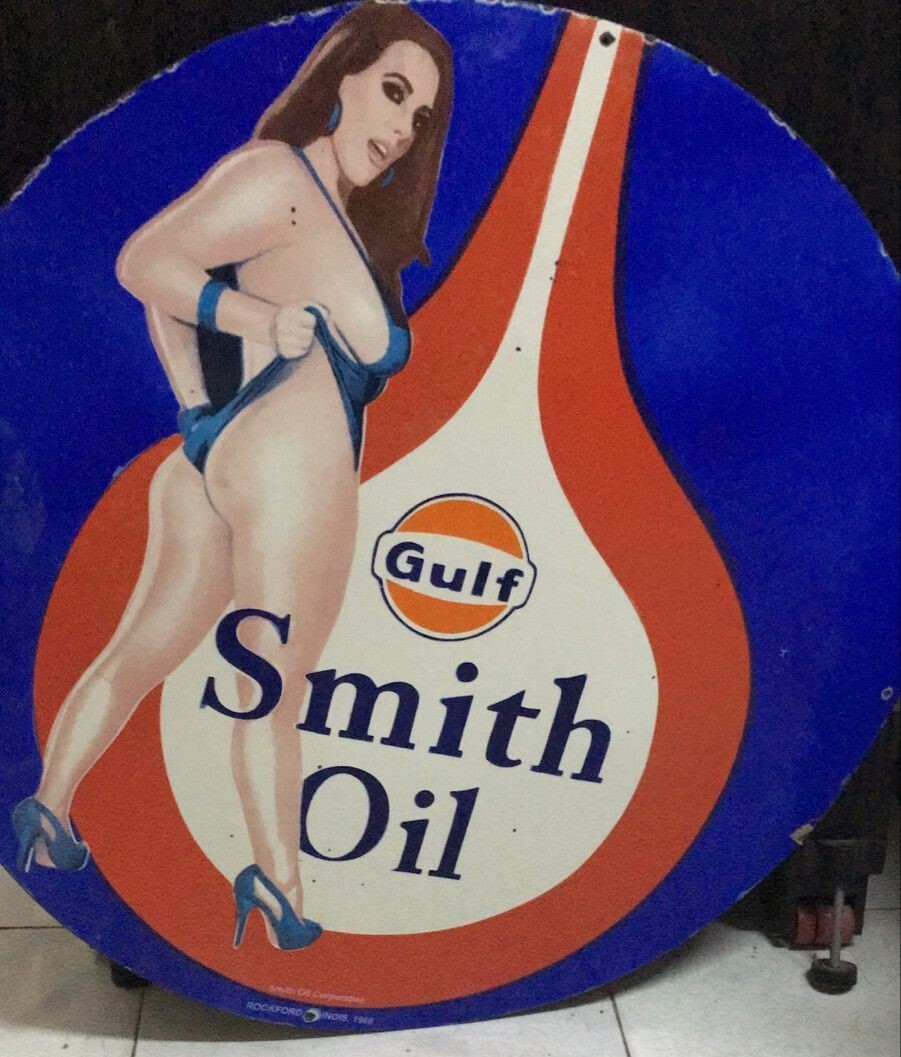 Gulf Smith Oil Rare Porcelain Enamal Heavy Metal 30 inches Single Side
