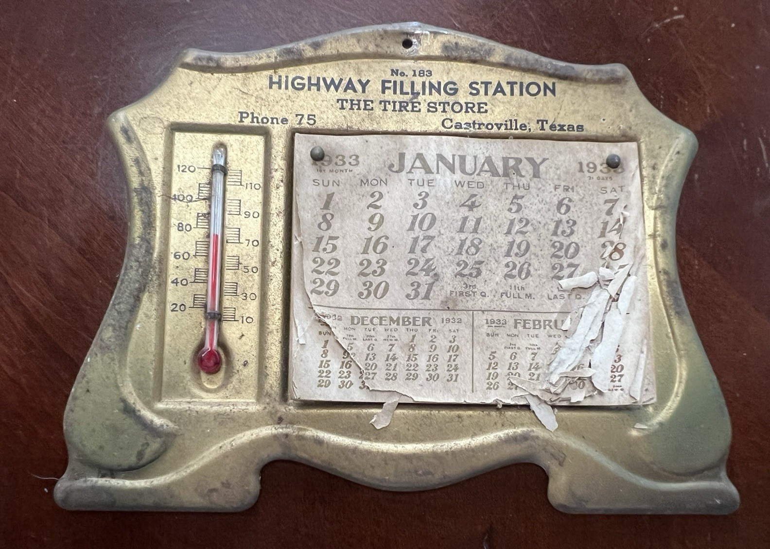 Highway Filling Station The Tire Store 1933 Texas Calendar Thermometer Gas Oil