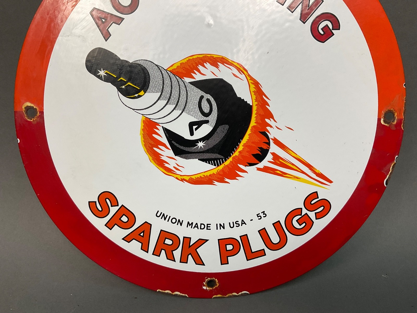 Original VINTAGE 1953 AC FIRE – RING SPARK PLUGS PORCELAIN SIGN 12″ Diameter