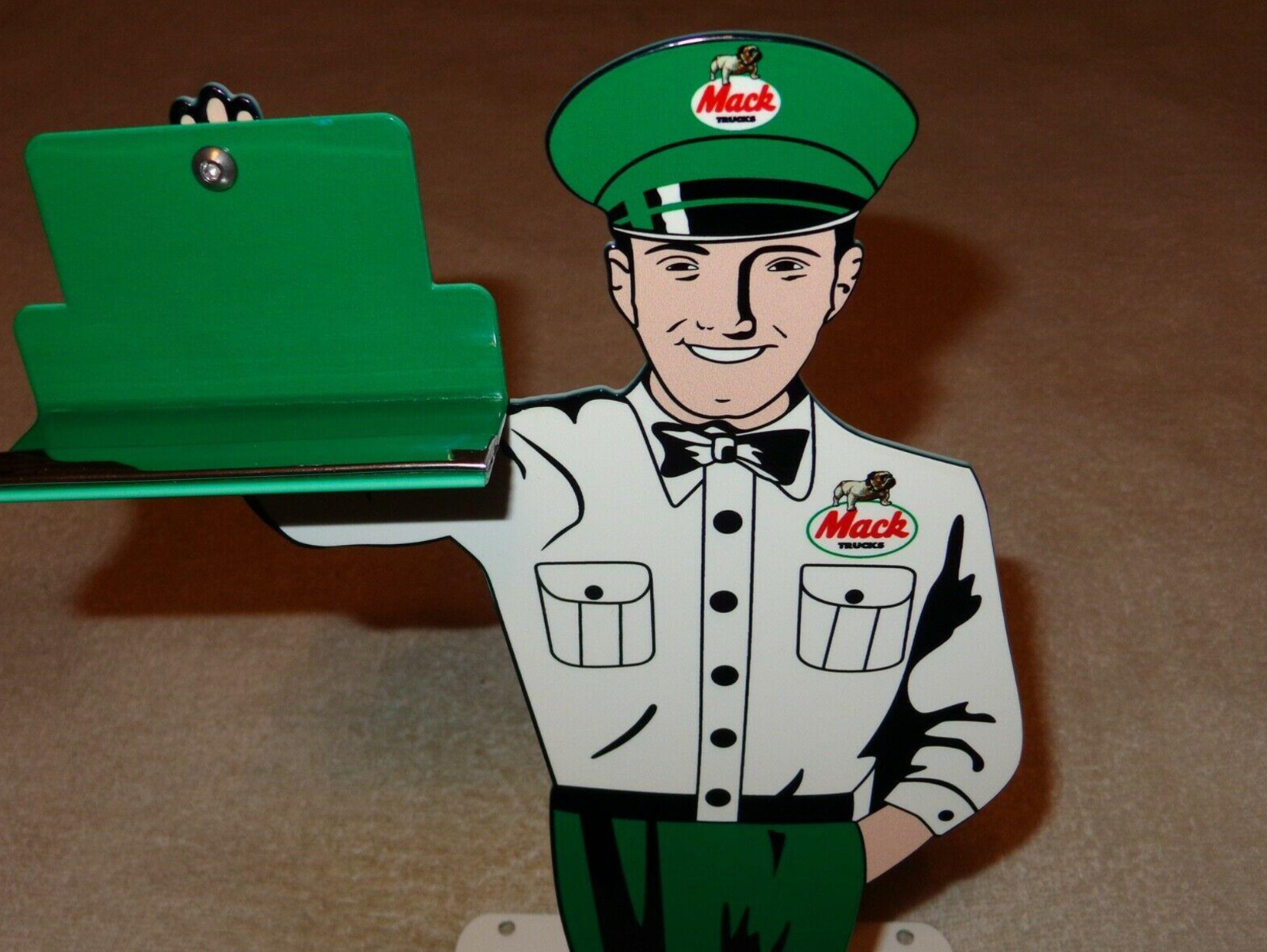 VINTAGE MACK TRUCKS & BUSES DEALER METAL GASOLINE OIL BUSINESS CARD HOLDER SIGN