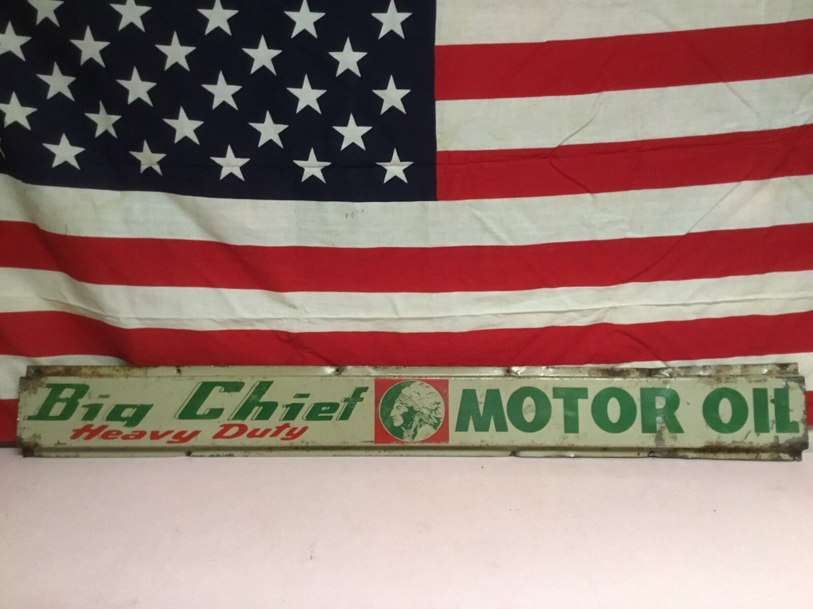 Ultra Rare! 1930s Big Chief Heavy Duty Motor Oil Metal Sign Gas Oil 45 by 5 1/4.