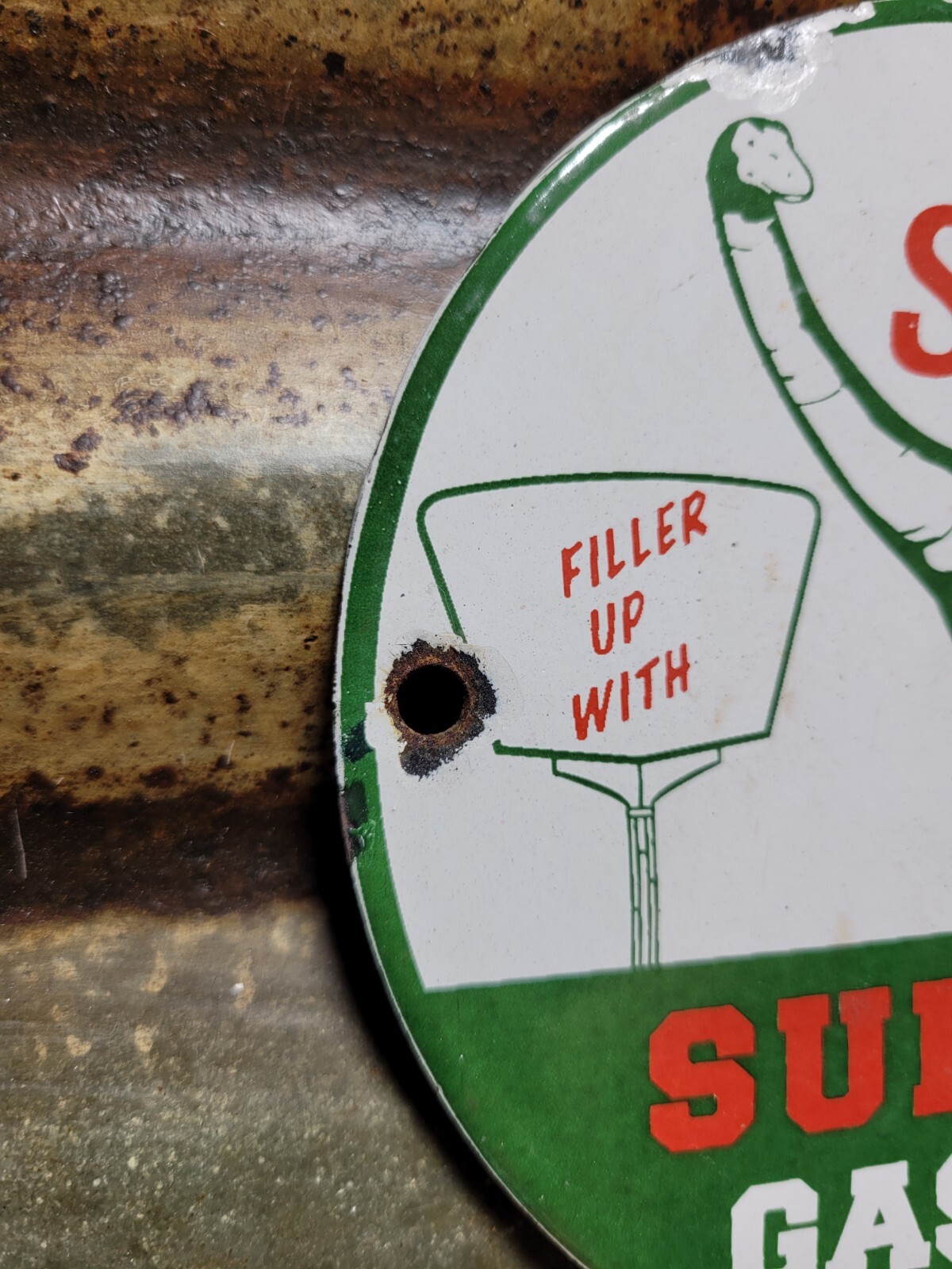 VINTAGE SINCLAIR PORCELAIN SIGN DINO SUPREME GASOLINE MOTOR OIL SALES SERVICE 6″