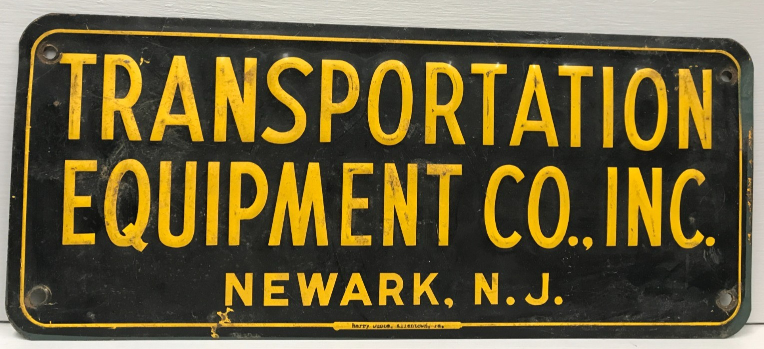 Vintage Tin Transportation Equipment Co Inc Sign Newark New Jersey License Plate