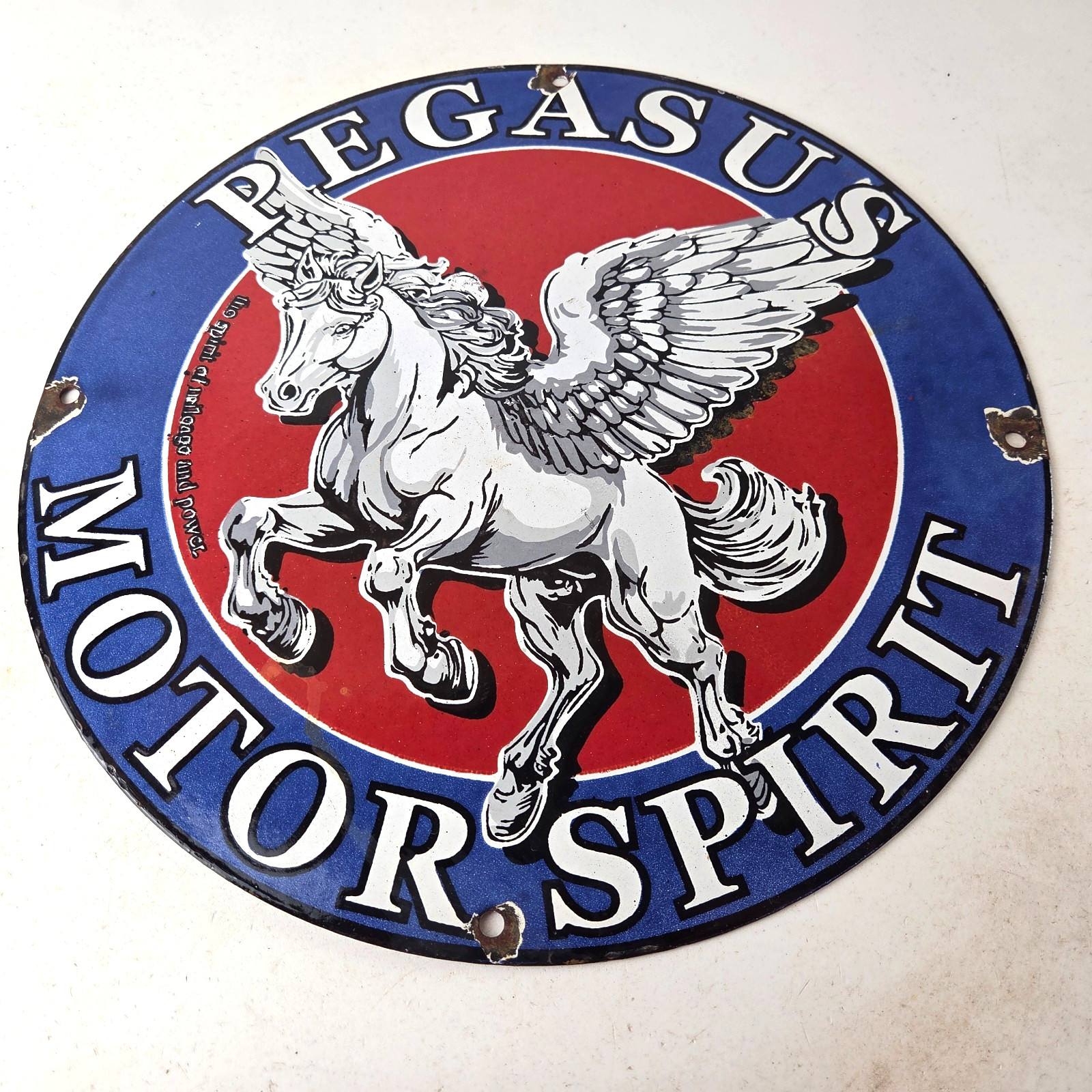 Vintage Pegasus Sign – Gas Pump Station Motor Spirit Porcelain Ad Wall Sign