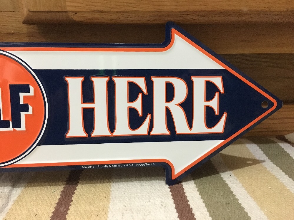 Gulf Gas Oil Sold Here Arrow Metal Sign Gasoline Petroleum Man Cave Garage NEW