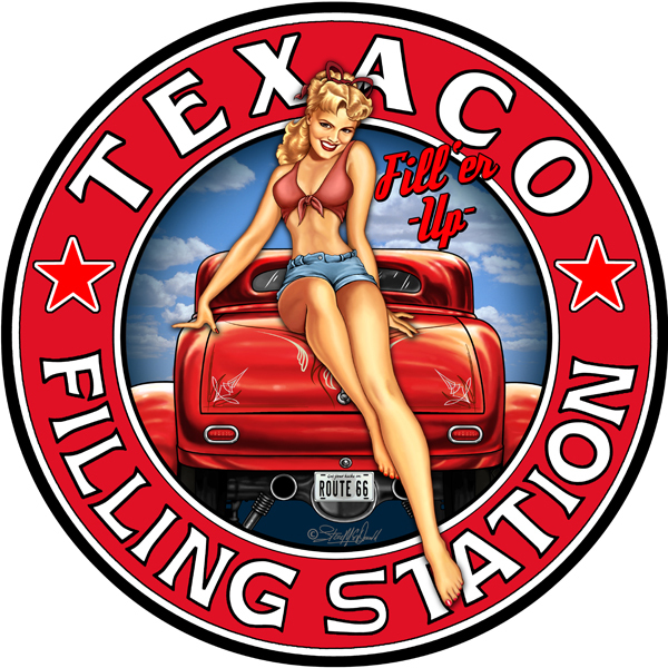 Sexy Texaco Gas And Oil Pin Girl Hotrod Route 66 14 Inch Round Metal Sign