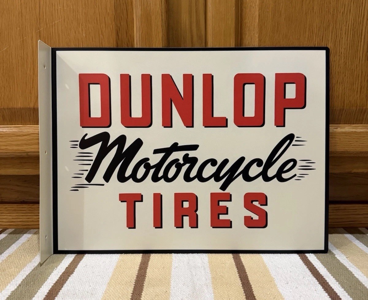 Dunlop Motorcycle Tires Flange Sign 2 Sided Gas Oil Vintage Style Wall Decor
