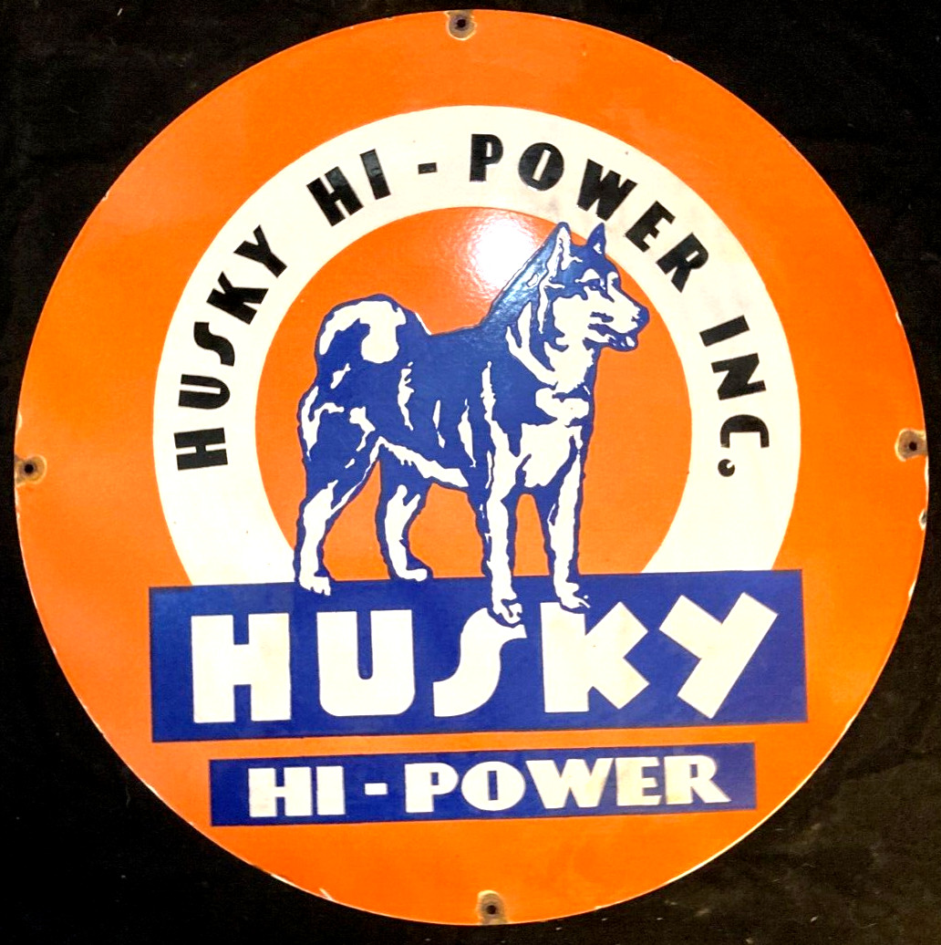Vintage graphics HUSKY HI-POWER GAS PORCELAIN SIGN Rare Advertising 30″ Diameter