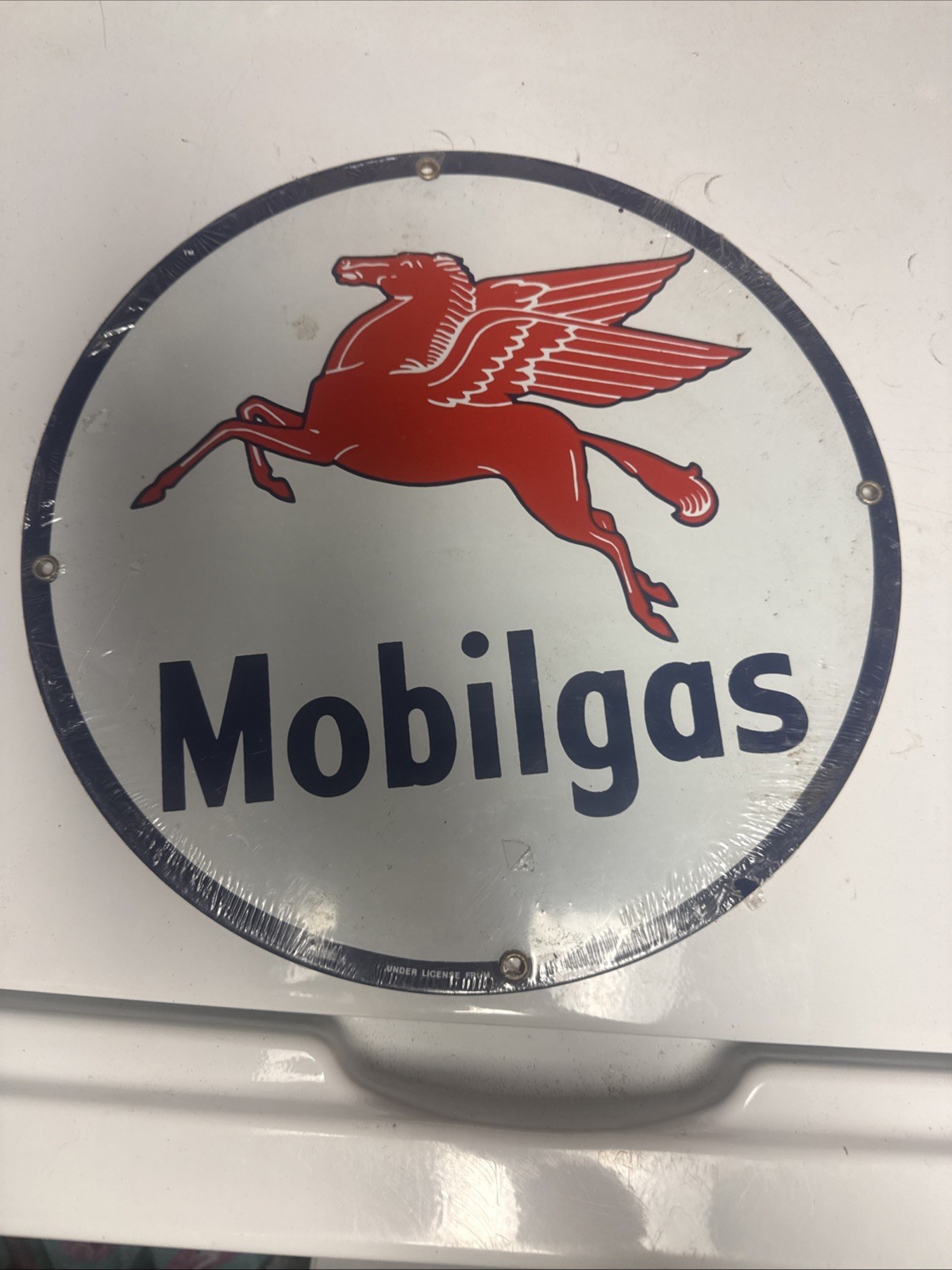 MOBIL GAS PEGASUS 11-1/4” ENAMELED SIGN IN GREAT CONDITION, ANDE ROONEY