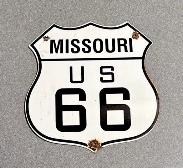 VINTAGE 13” MISSOURI ROUTE 66 ROAD PORCELAIN SIGN CAR GAS TRUCK OIL MOTORCYCLE