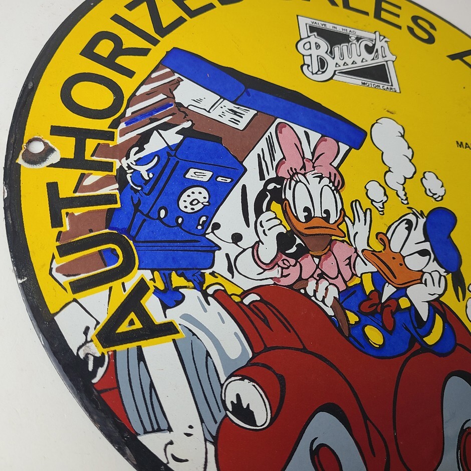 Vintage Buick Automobiles Sign – Donald Duck Porcelain Auto Gas Pump Sign