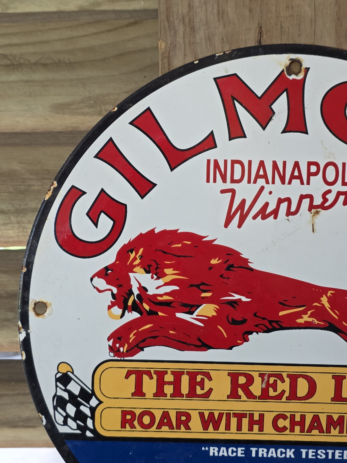VINTAGE GILMORE PORCELAIN SIGN – ROAR WITH CHAMPIONS GAS 12″