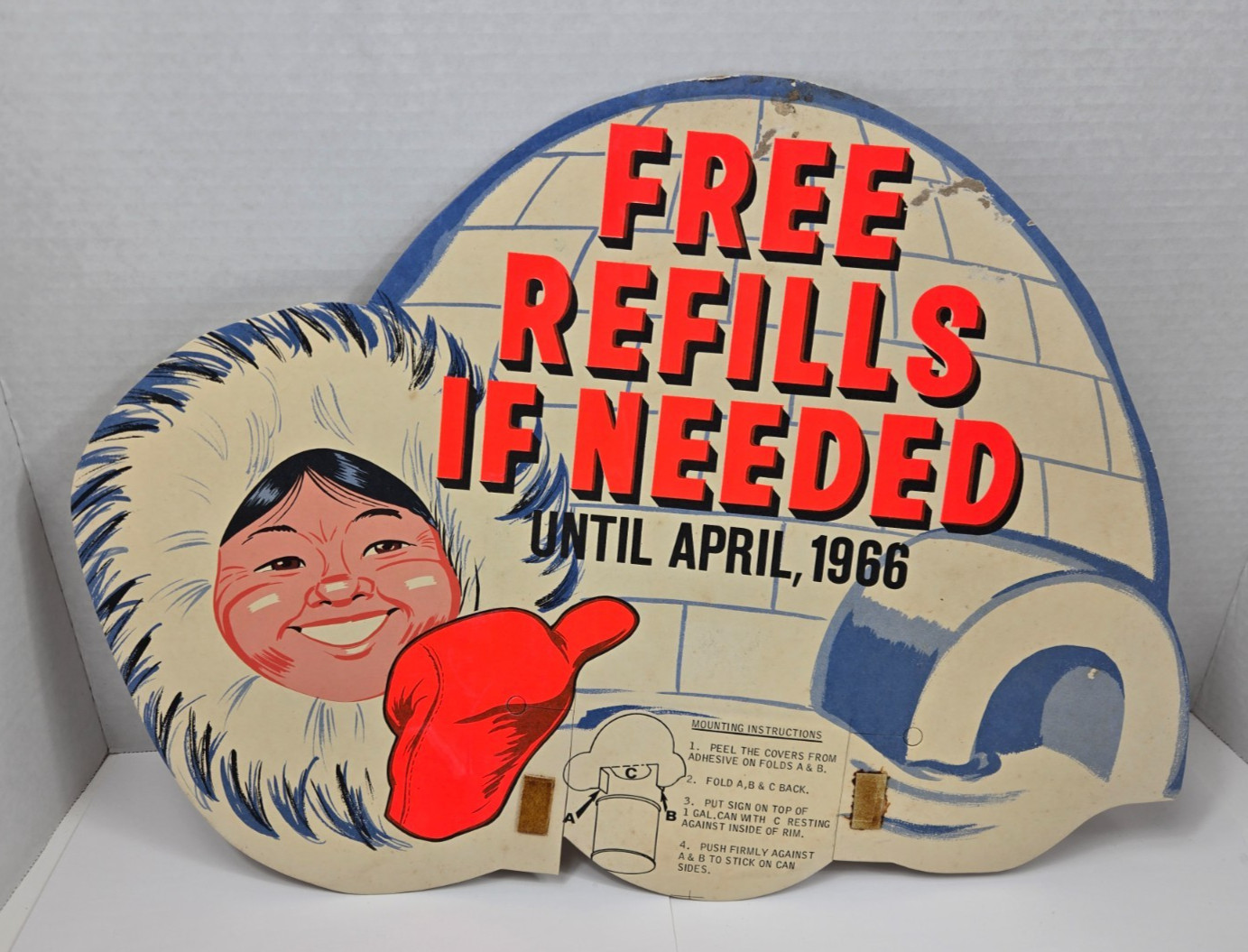 Vintage 1960’s Eskimo Antifreeze Store Display Cardboard Sign “Free Refills”