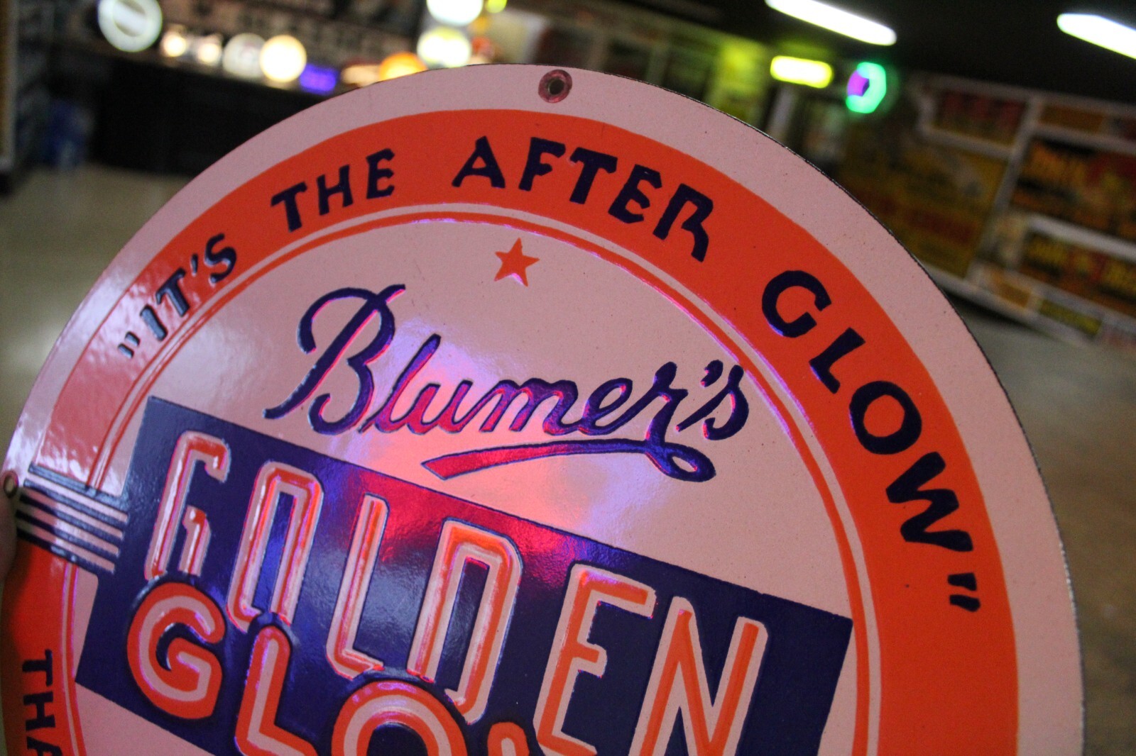RARE BLUMER’S GOLDEN GLOW MONROE WISCONSIN BEER DEALER PORCELAIN METAL SIGN