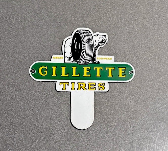 VINTAGE GILLETTE TIRES BEAR PLATES PORCELAIN SIGN CAR GAS TRUCK OIL MOTORCYCLE