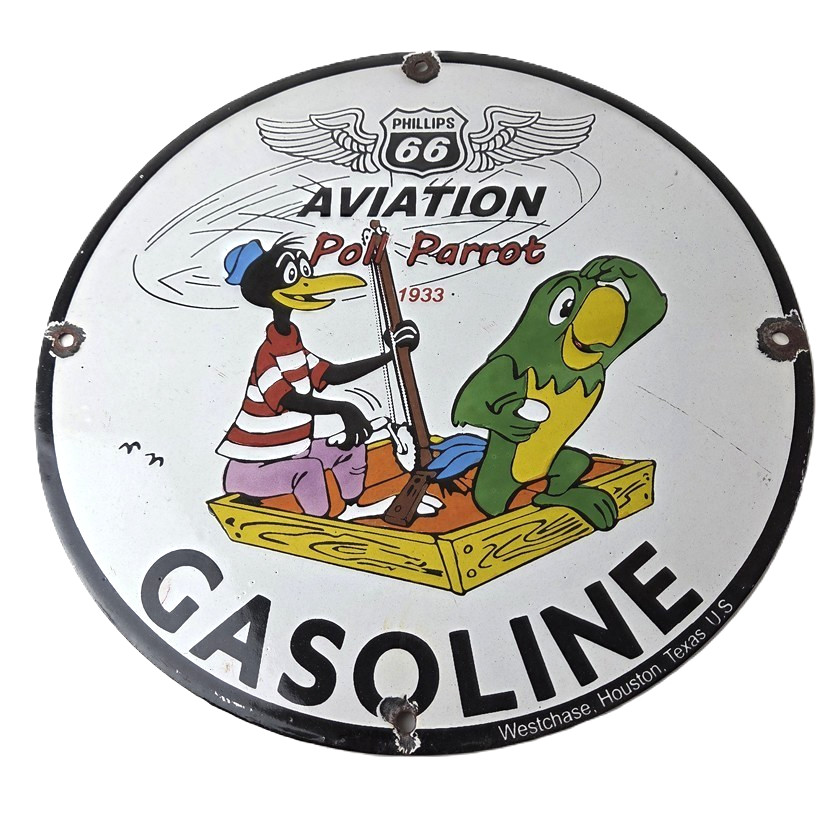 Vintage Phillips 66 Sign – Porcelain Poll Parrot Aviation Gas Pump Plate Sign