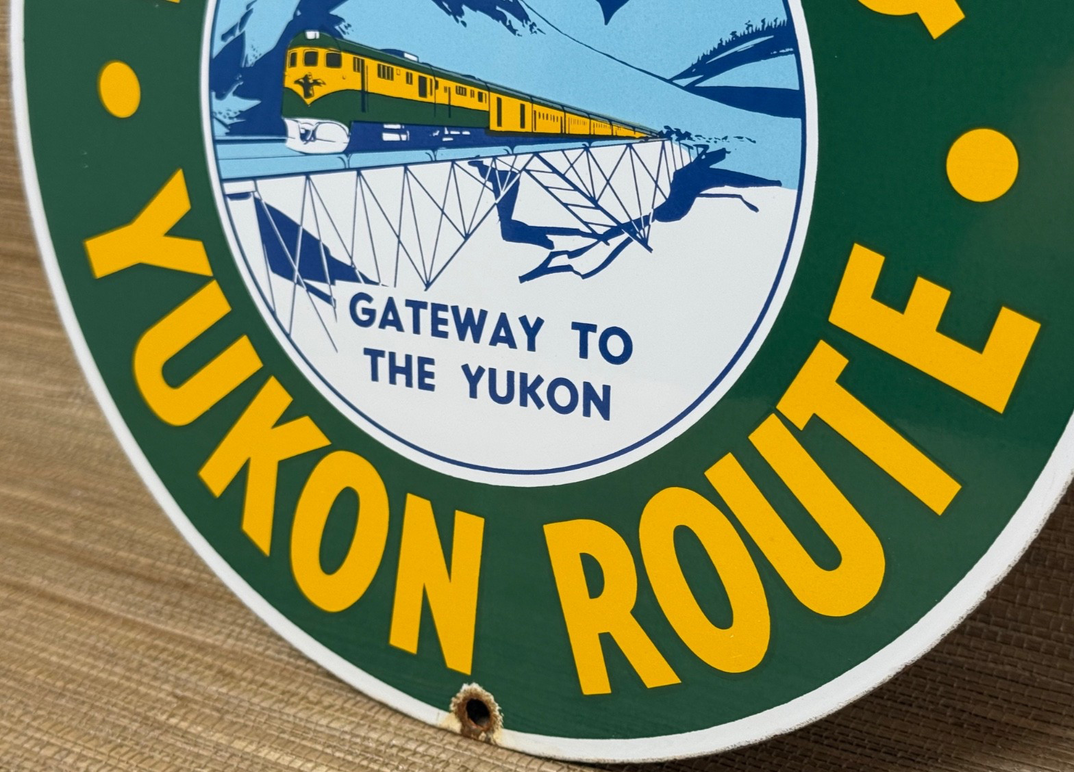 VINTAGE WHITE PASS & YUKON ROUTE PORCELAIN SIGN TRAIN STATION RAIL ROAD GAS OIL