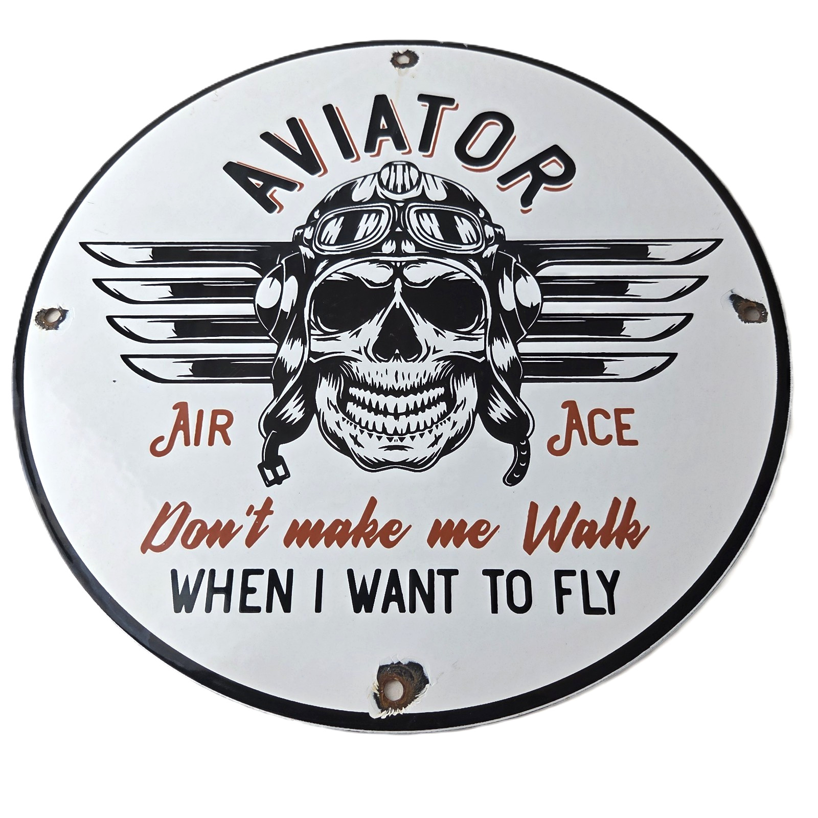 Vintage Air Ace Sign – Fly Aviation Aviator Skull Service Gas Porcelain Sign