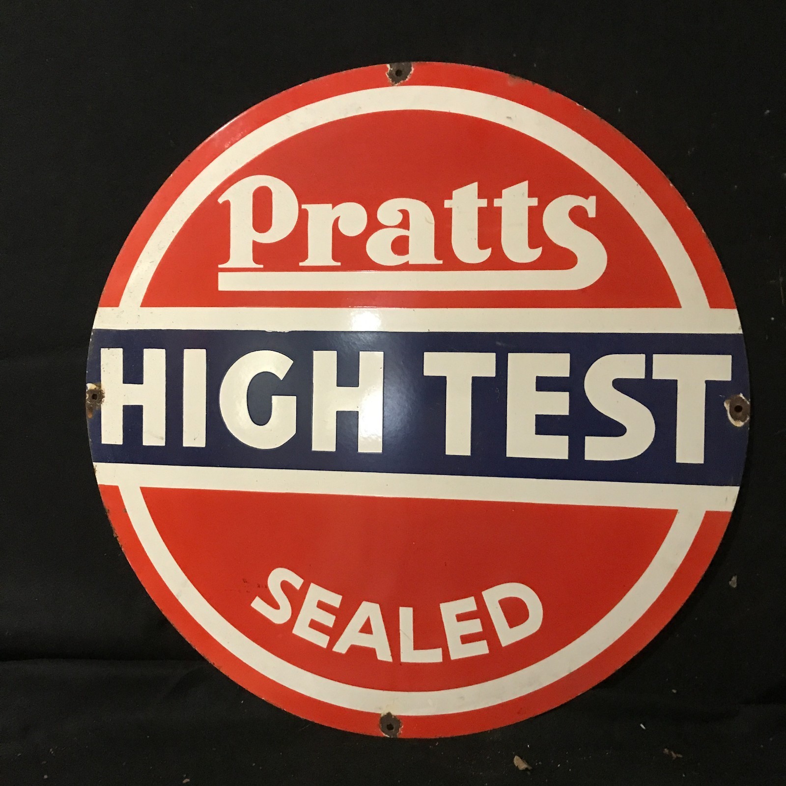 PRATTS HIGH TEST SEAL GASOLINE ADVERTISING PORCELAIN ENAMEL SIGN 30 IN ROUND SS