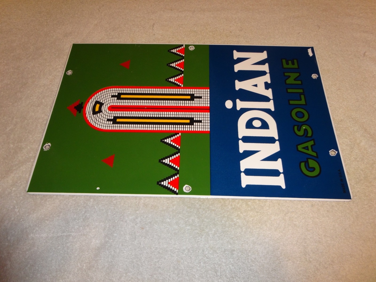 VINTAGE INDIAN GASOLINE 18″ PORCELAIN METAL MOTORCYCLE GAS & OIL PUMP PLATE SIGN